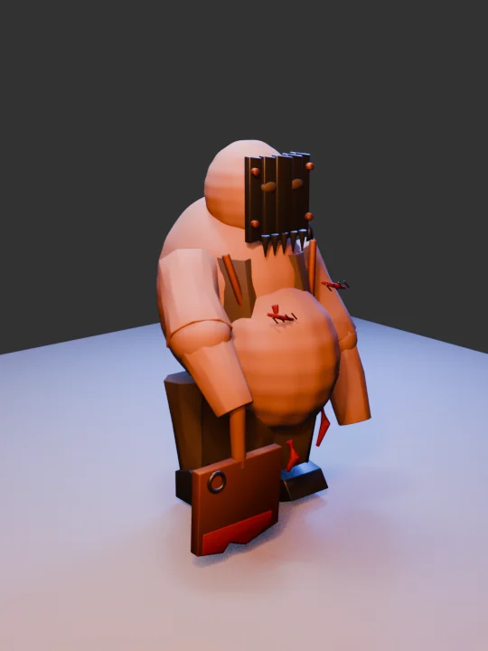 A blocky pink-orange Butcher figure with a plank mask and a cleaver.