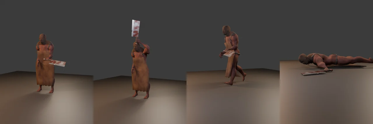 Four renders of the Butcher: standing with a cleaver, raising it overhead, walking, and lying dead.