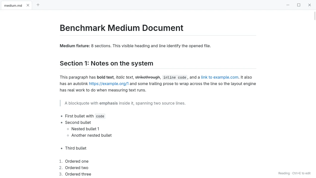 Scrivo reading view of the benchmark medium document: a heading, a paragraph with inline styles, a blockquote and nested lists.