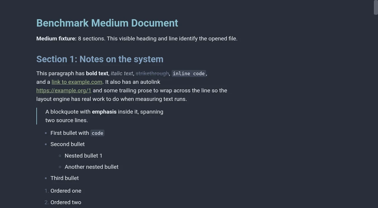 Typora showing the same benchmark document in a dark theme with wider paragraph spacing.