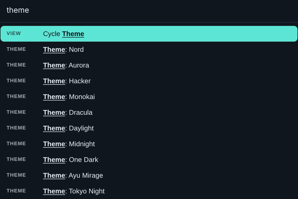 Command palette: Changing a theme through the command palette.