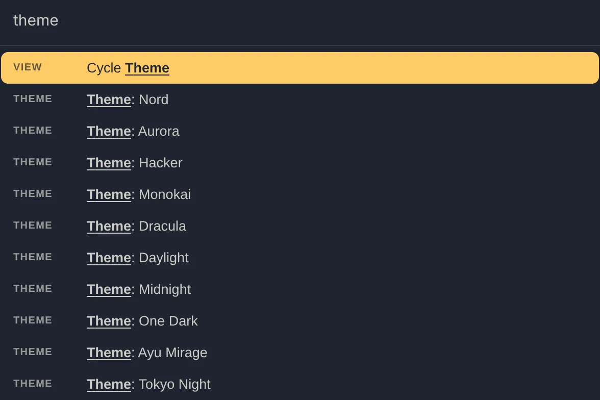 Command palette: Changing a theme through the command palette.