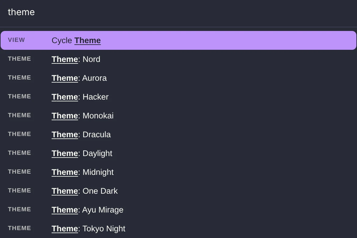 Command palette: Changing a theme through the command palette.