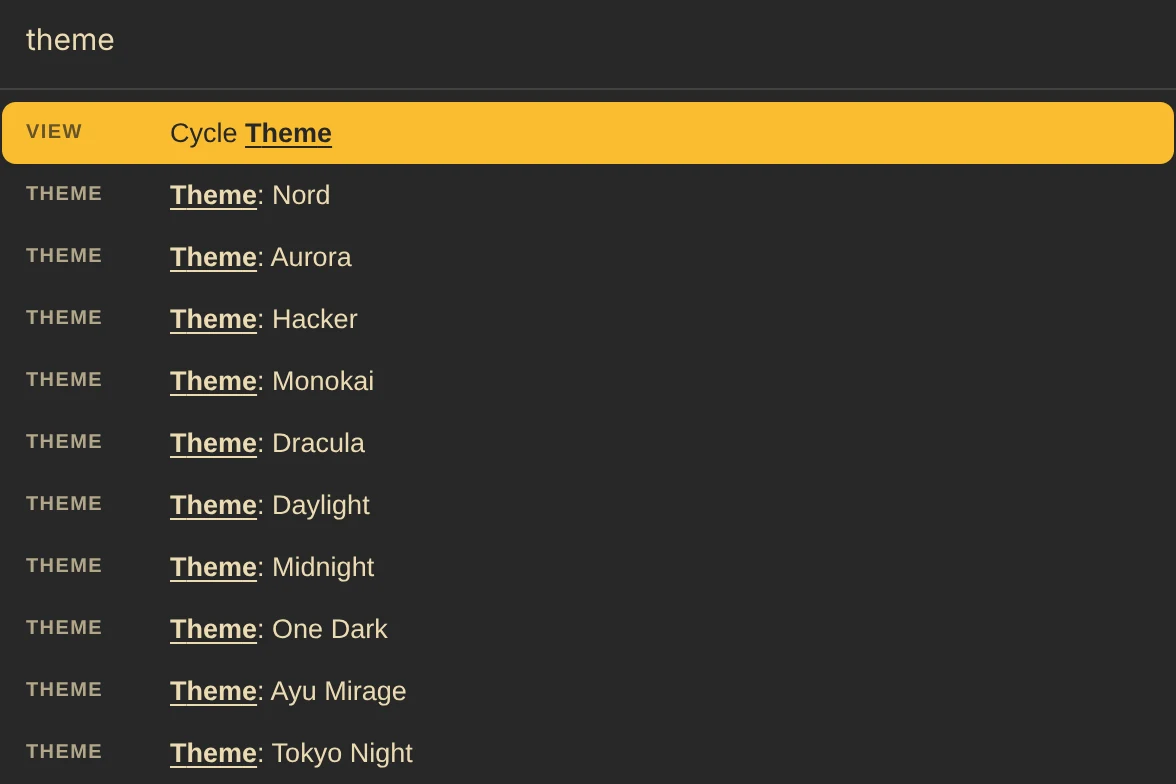 Command palette: Changing a theme through the command palette.