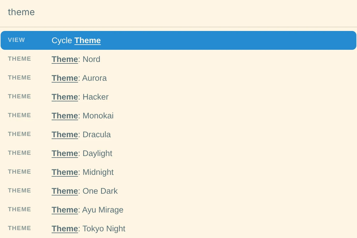 Command palette: Changing a theme through the command palette.