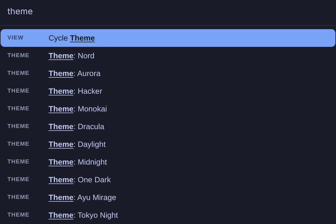 Command palette: Changing a theme through the command palette.
