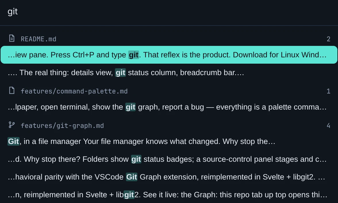 Content search: Search results grouped by file, with the matching text beside them.
