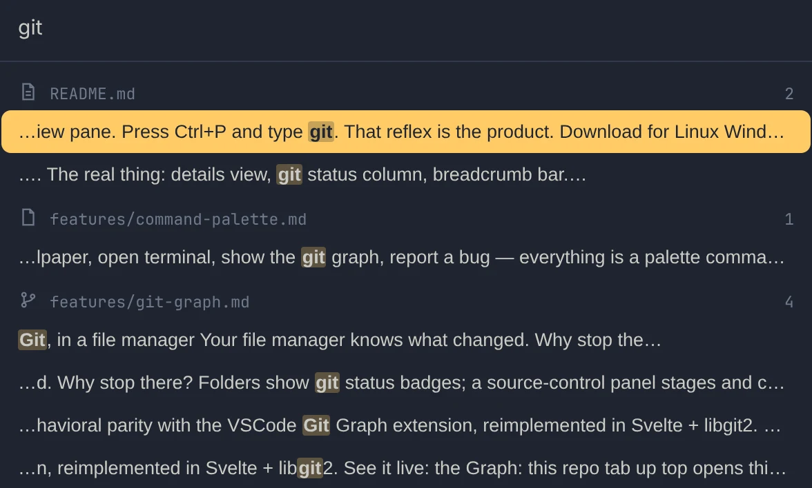 Content search: Search results grouped by file, with the matching text beside them.