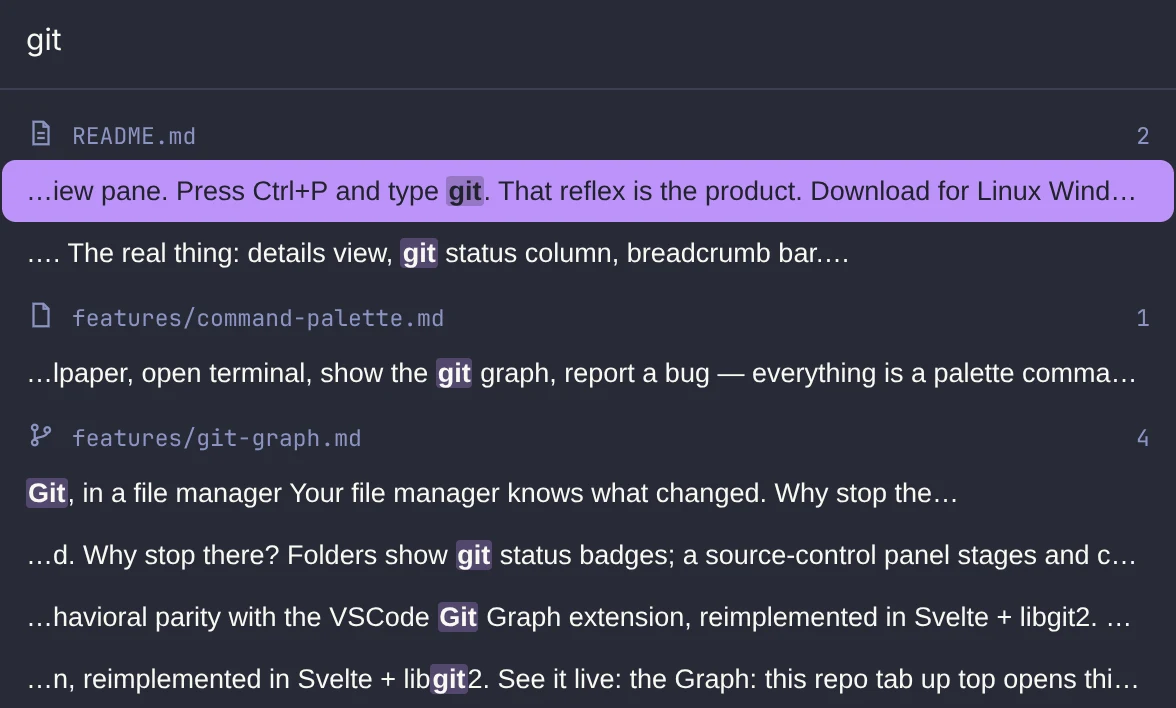 Content search: Search results grouped by file, with the matching text beside them.