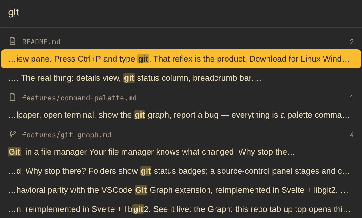Content search: Search results grouped by file, with the matching text beside them.