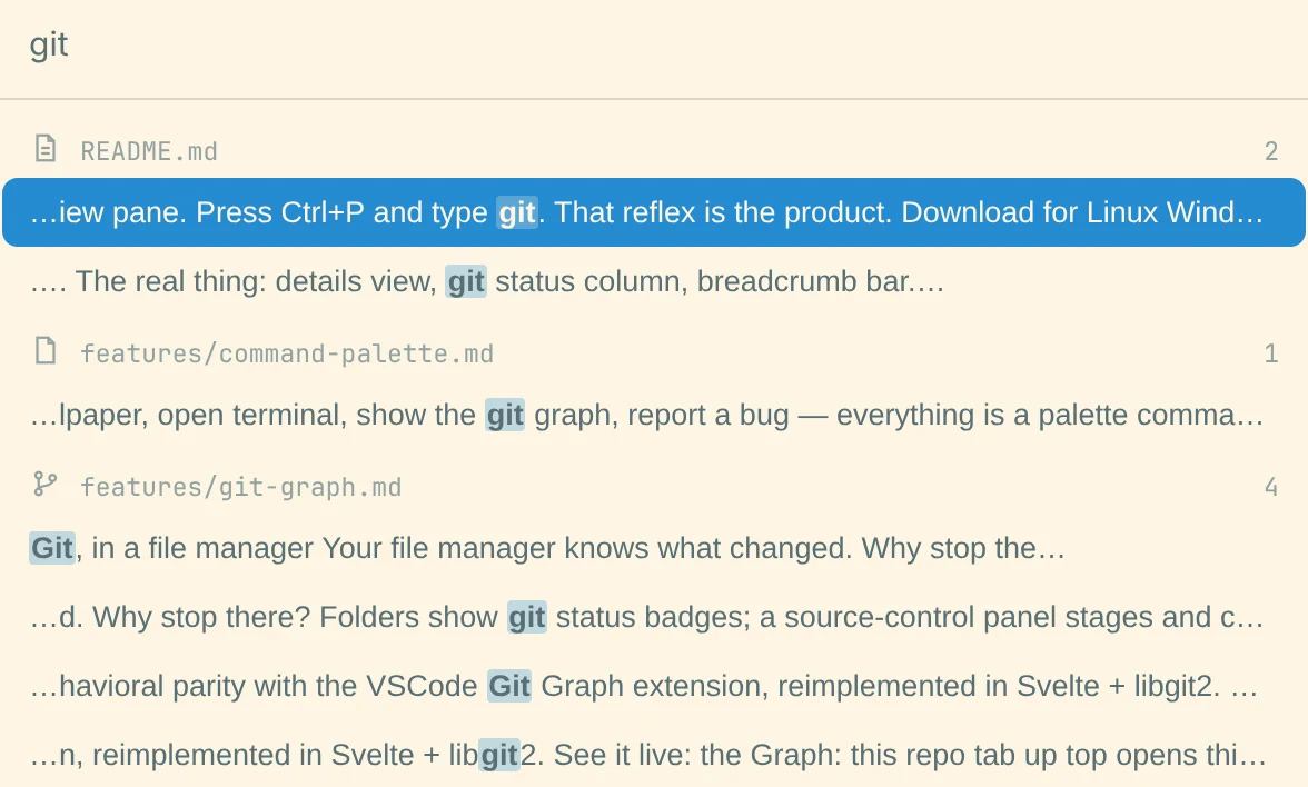 Content search: Search results grouped by file, with the matching text beside them.