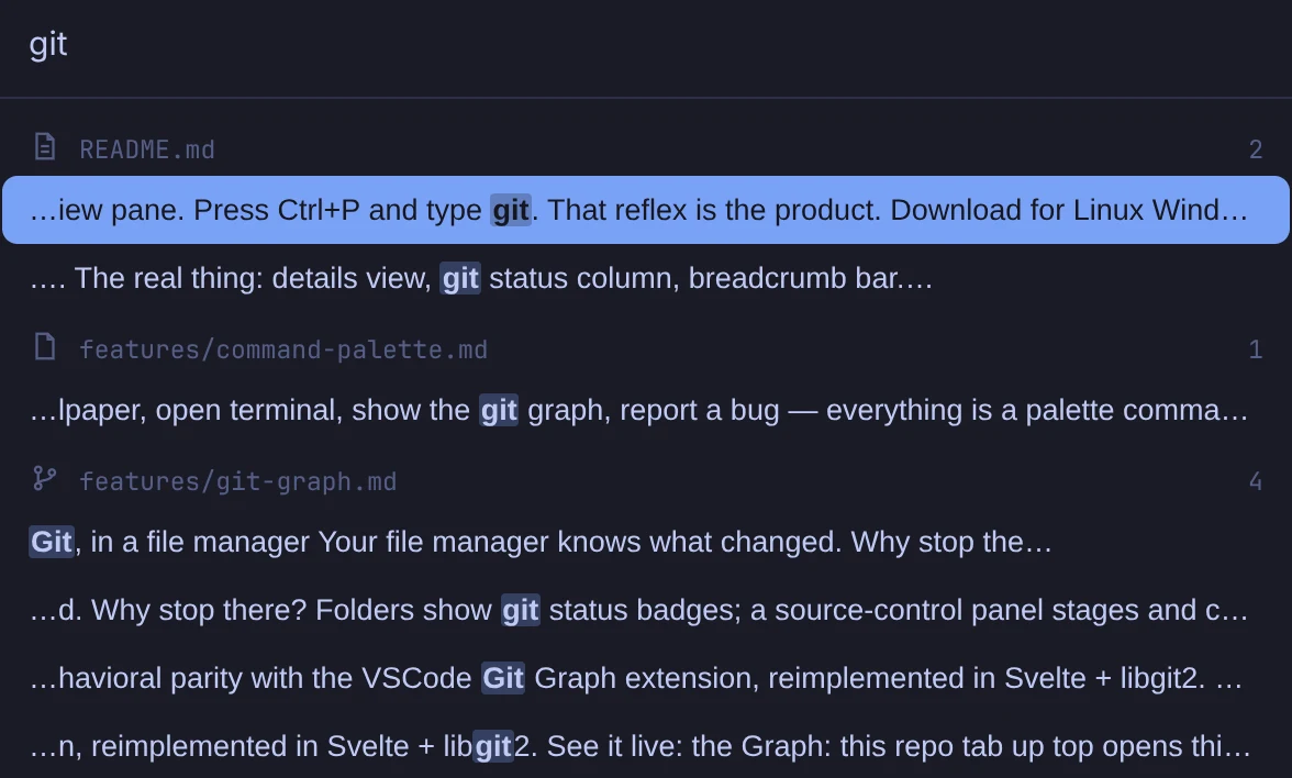 Content search: Search results grouped by file, with the matching text beside them.