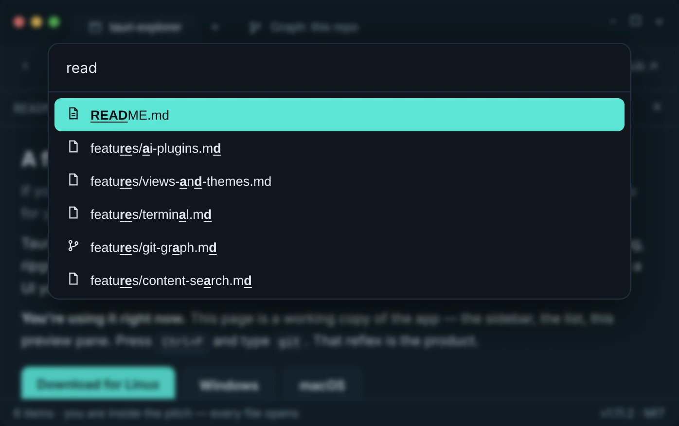 Tauri Explorer with Quick Open finding files by name.