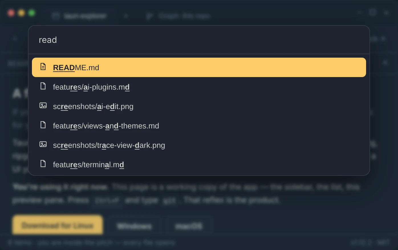 Tauri Explorer with Quick Open finding files by name.