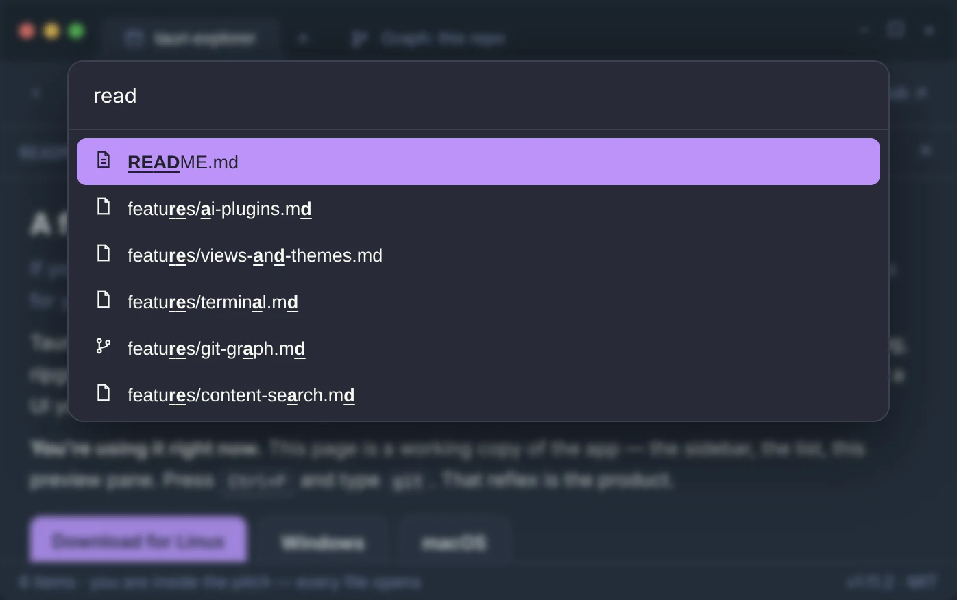 Tauri Explorer with Quick Open finding files by name.