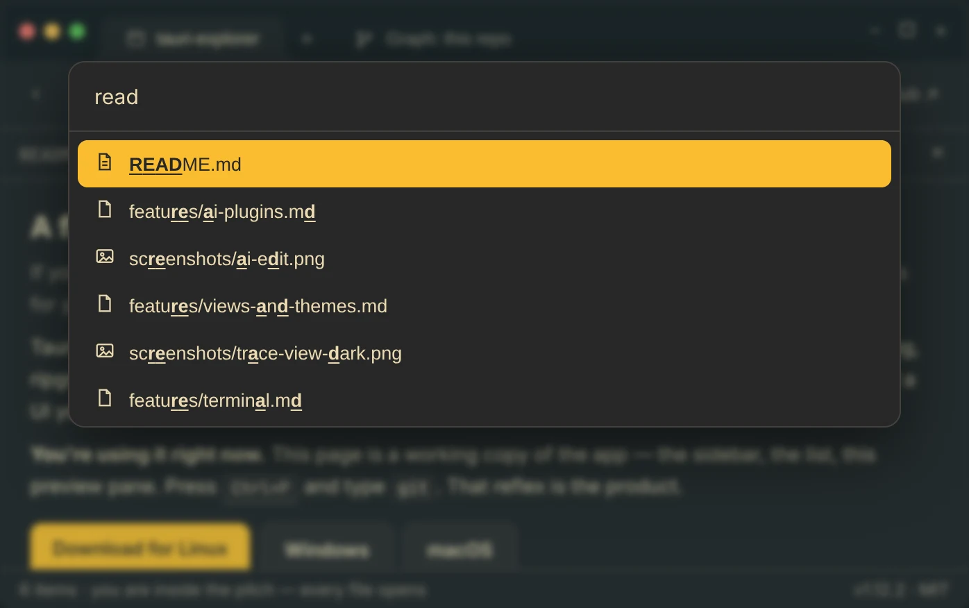 Tauri Explorer with Quick Open finding files by name.