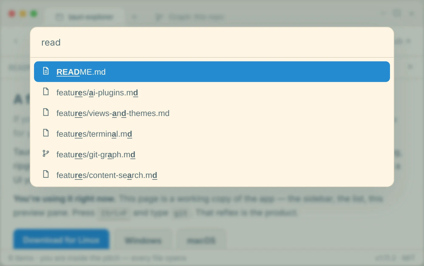 Tauri Explorer with Quick Open finding files by name.