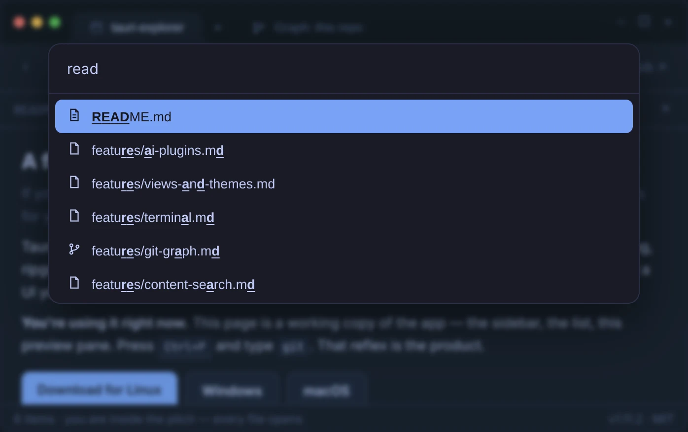Tauri Explorer with Quick Open finding files by name.